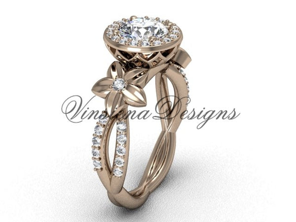 14kt rose gold flower engagement ring, "Forever One" Moissanite VF301010