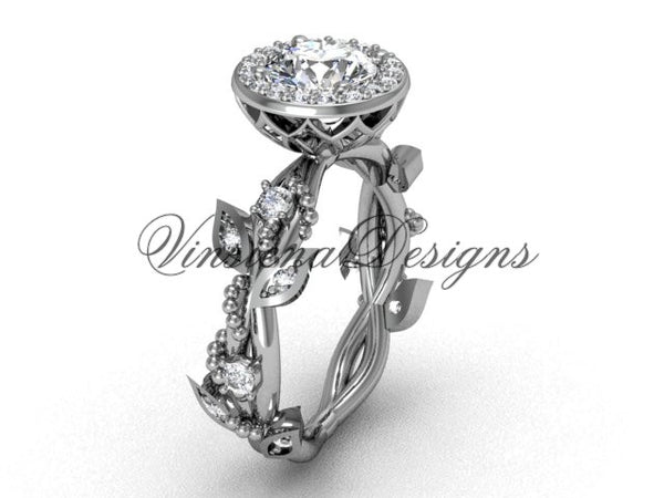 platinum diamond leaf and vine engagement ring, "Forever One" Moissanite VF301018 - Vinsiena Designs