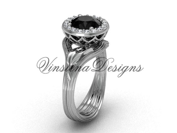 platinum diamond leaf and vine engagement ring, Black Diamond VF301019 - Vinsiena Designs