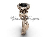 14kt rose gold butterfly, leaf and vine engagement ring, Black Diamond VF301020 - Vinsiena Designs