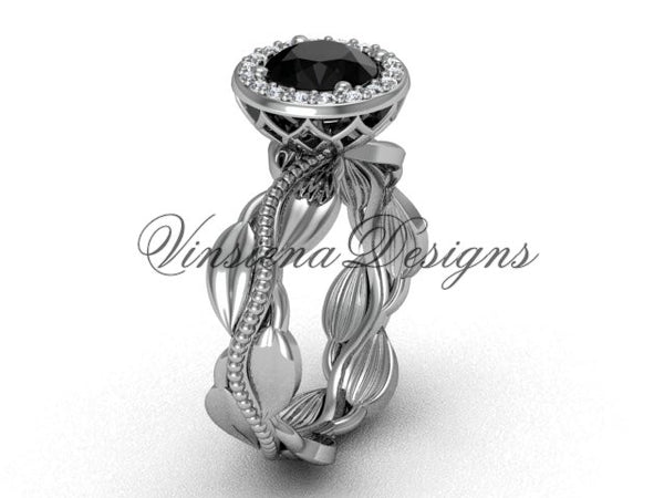 platinum diamond leaf and vine engagement ring, Black Diamond VF301021 - Vinsiena Designs