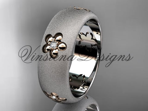 14kt platinum matte finish, floral, two tone engagement ring, wedding band VF301023B - Vinsiena Designs