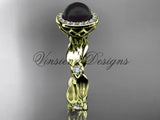 14kt yellow gold pearl, diamond leaf and vine engagement ring VFBP301004 - Vinsiena Designs