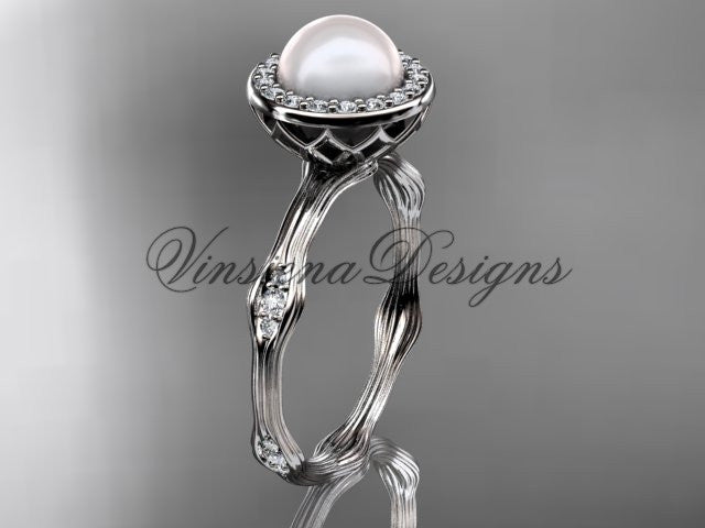 White Pearl Flower White Gold Wedding Ring Set AP70S
