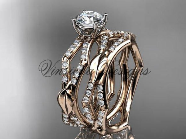 14kt rose gold diamond leaf and vine wedding ring, engagement set ADLR353S