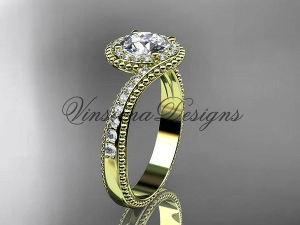 14k yellow gold halo diamond engagement ring, "Forever One" Moissanite ADLR379 - Vinsiena Designs