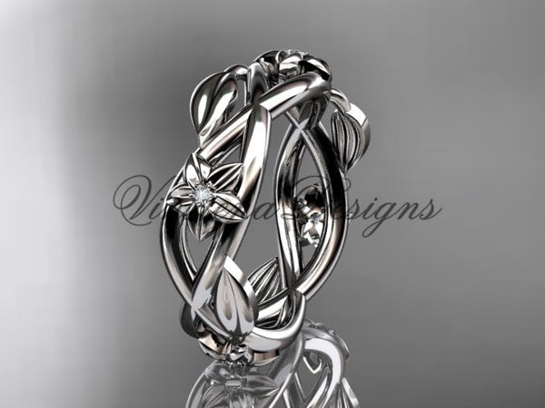 14kt white gold diamond leaf and flower wedding band, engagement ring ADLR402B - Vinsiena Designs